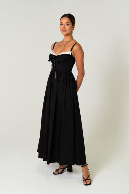 Lena Black Maxi Dress with  Contrast Lace Details