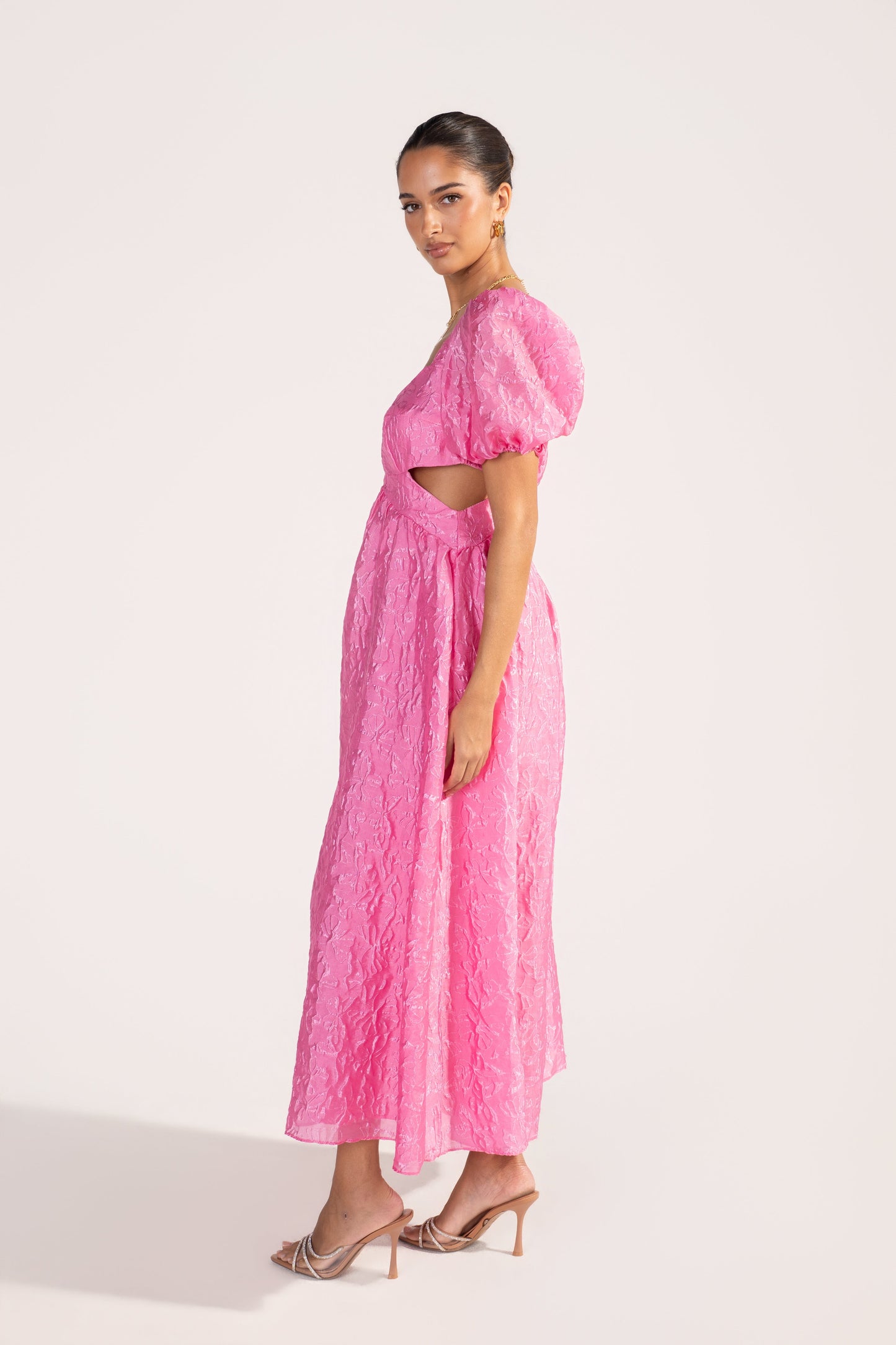 Fenella Pink Butterfly Print Puff Sleeve Maxi Dress