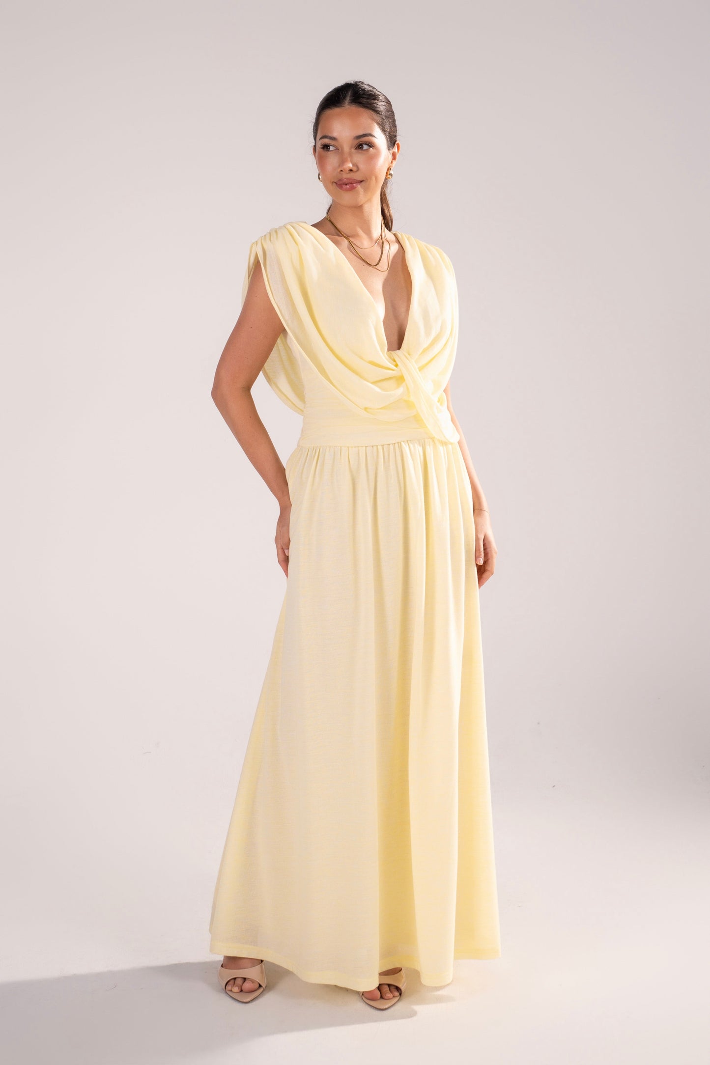 Giovanna Pale Yellow Maxi Dress with Cowl Draping