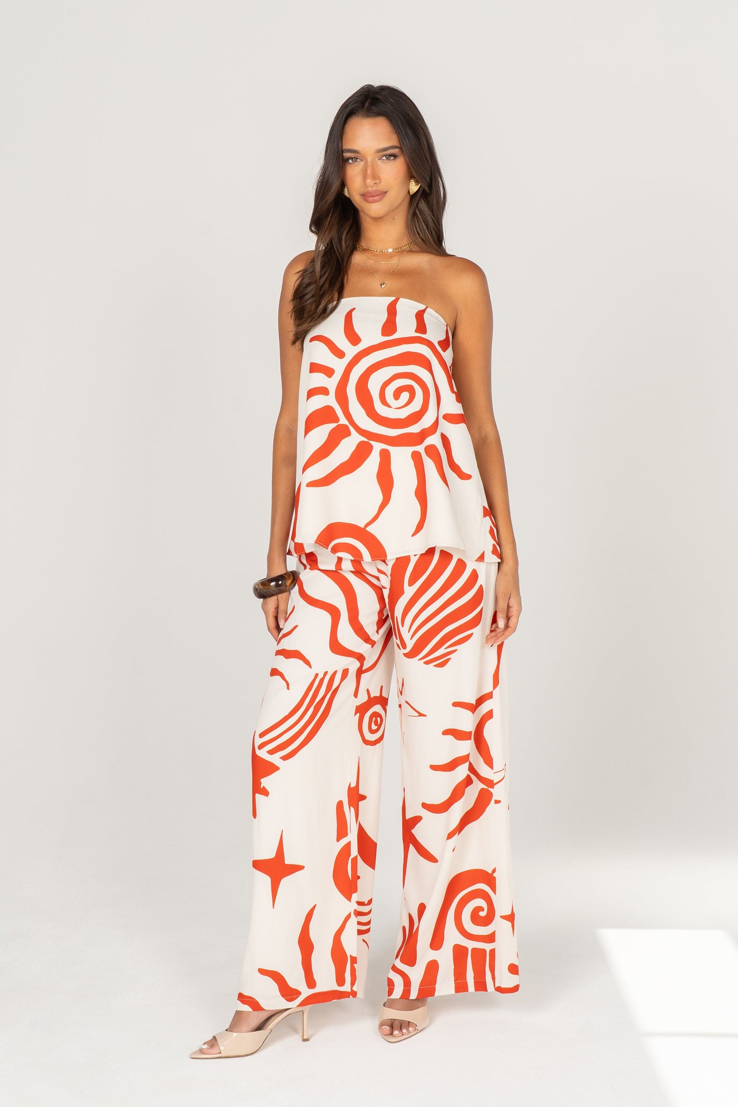Greta Red Print Strapless Top & Wide Leg Pant Set