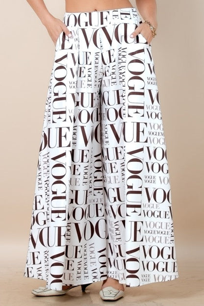 Vogue Print White Palazzo Pants (With Brown Letters)