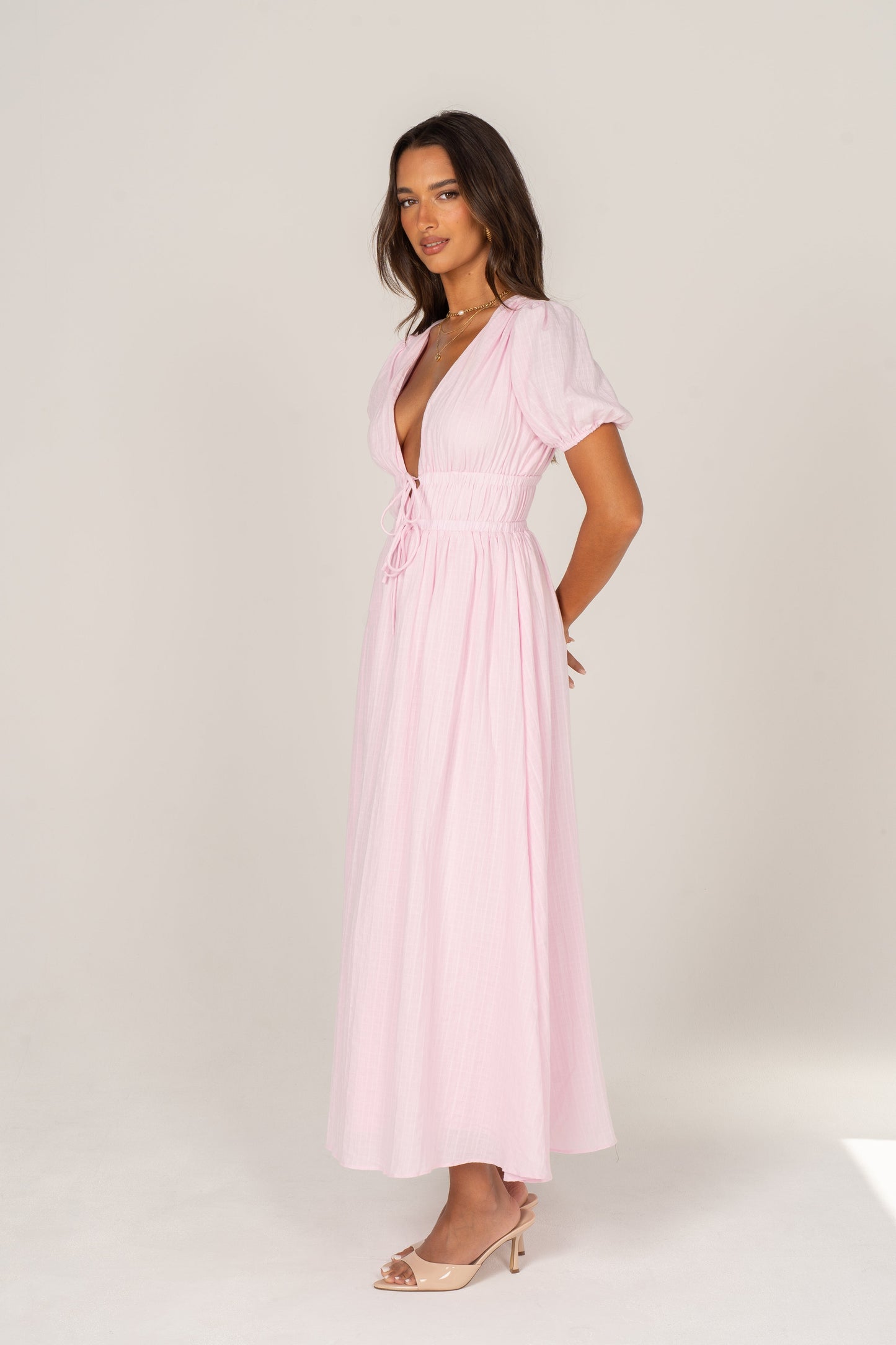 Iliana Pink Puff Sleeve V-Neck Max Dress