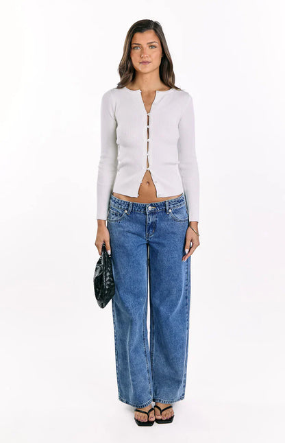 Kippy White Ribbed Knit Button Up Long Sleeve Sweater