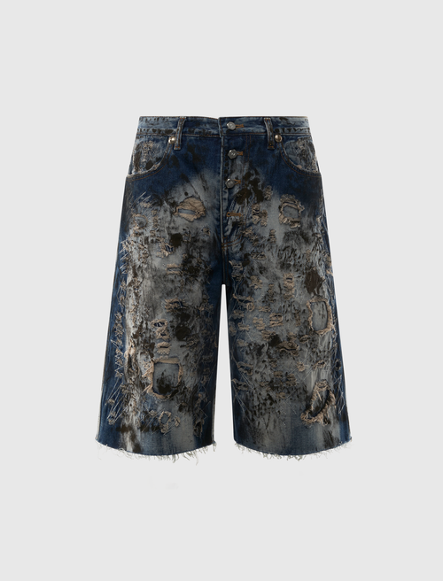 HARD WASHED DESTROYED DENIM SHORTS