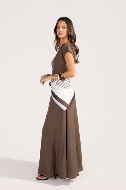 Tonya Chocolate Drop Shoulder Maxi with Waist Scarf