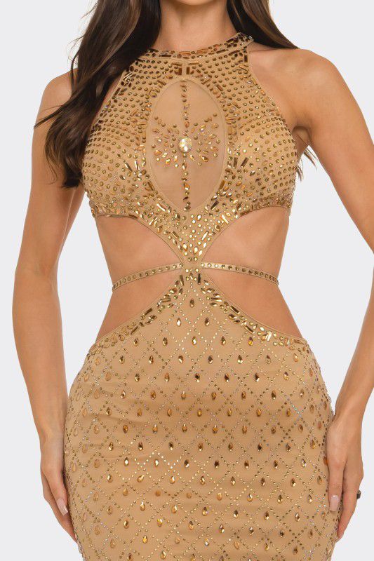 Luxe Radiance Rhinestone Cutout Maxi Dress - Brown
