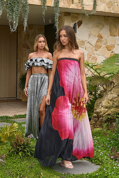 Lauriella Strapless Accordion Pleat Maxi Dress Hibiscus Black