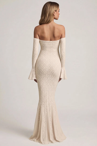 Off-Shoulder Ruffle Lace Maxi Dress in Ivory