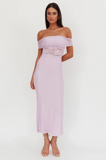 Flutters Off-Shoulder Lace Insert Maxi Dress Lilac