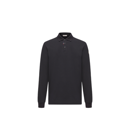 Moncler Piqué Cotton Long-Sleeve Polo — Blue