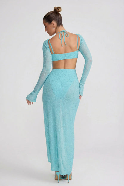 Embellished Cowl Neck Maxi Dress in Aqua