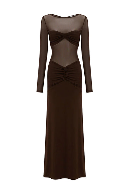 ROMY SLEEVED RUCHED MAXI DRESS - BITTER CHOCOLATE
