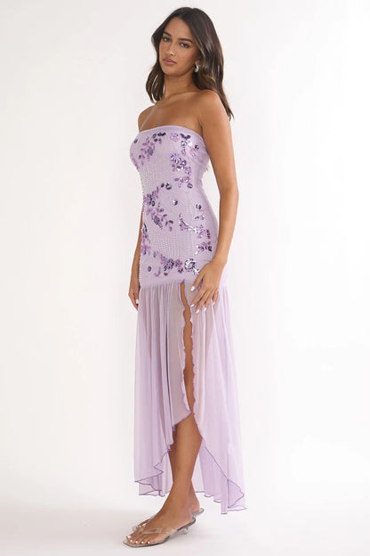 Jezra Strapless Sequin Embellished Maxi Dress Purple