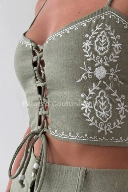 Boho Bloom Embroidered Pant Set- Olive