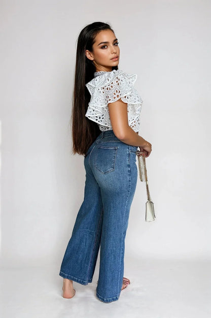 Bold Detail Button-Up Wide Leg Jeans