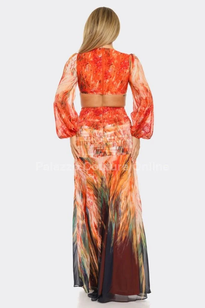 Bora Bora Chiffon Print Cut Out Maxi Dress (Orange)
