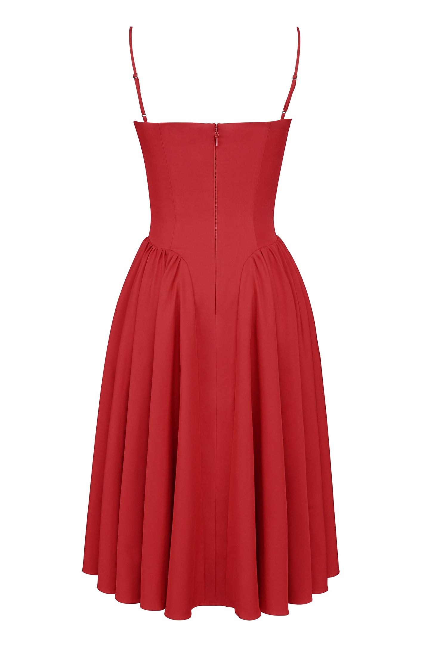 red gathered midi dress