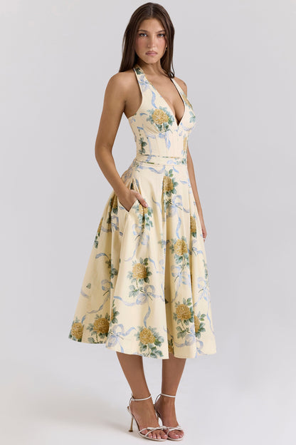 lemon ribbon stretch cotton halter midi sundress