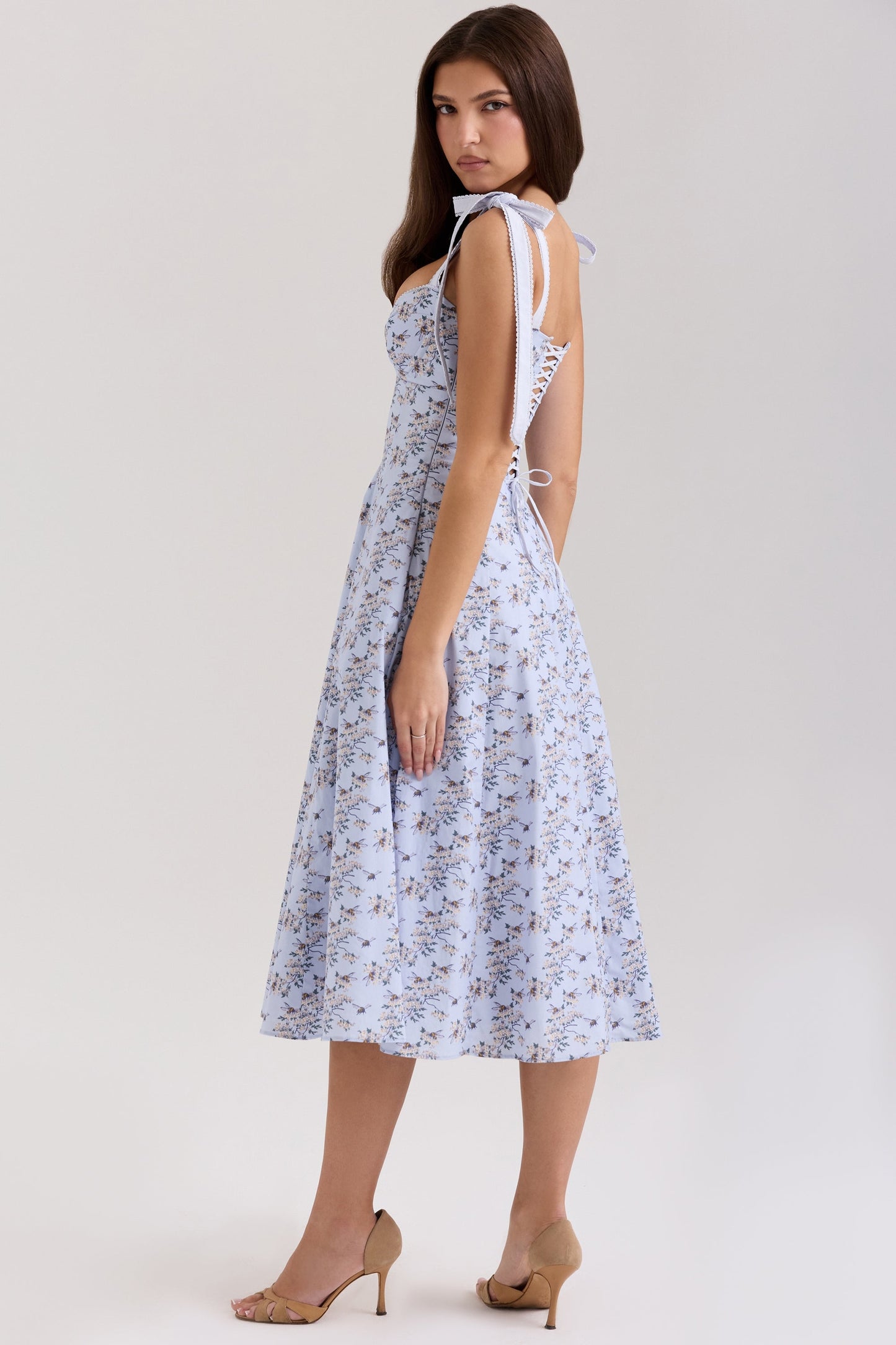 blue floral print stretch cotton midi sundress