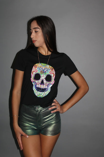 Calavera Black Graphic Top – Sugar Skull Cropped Tee
