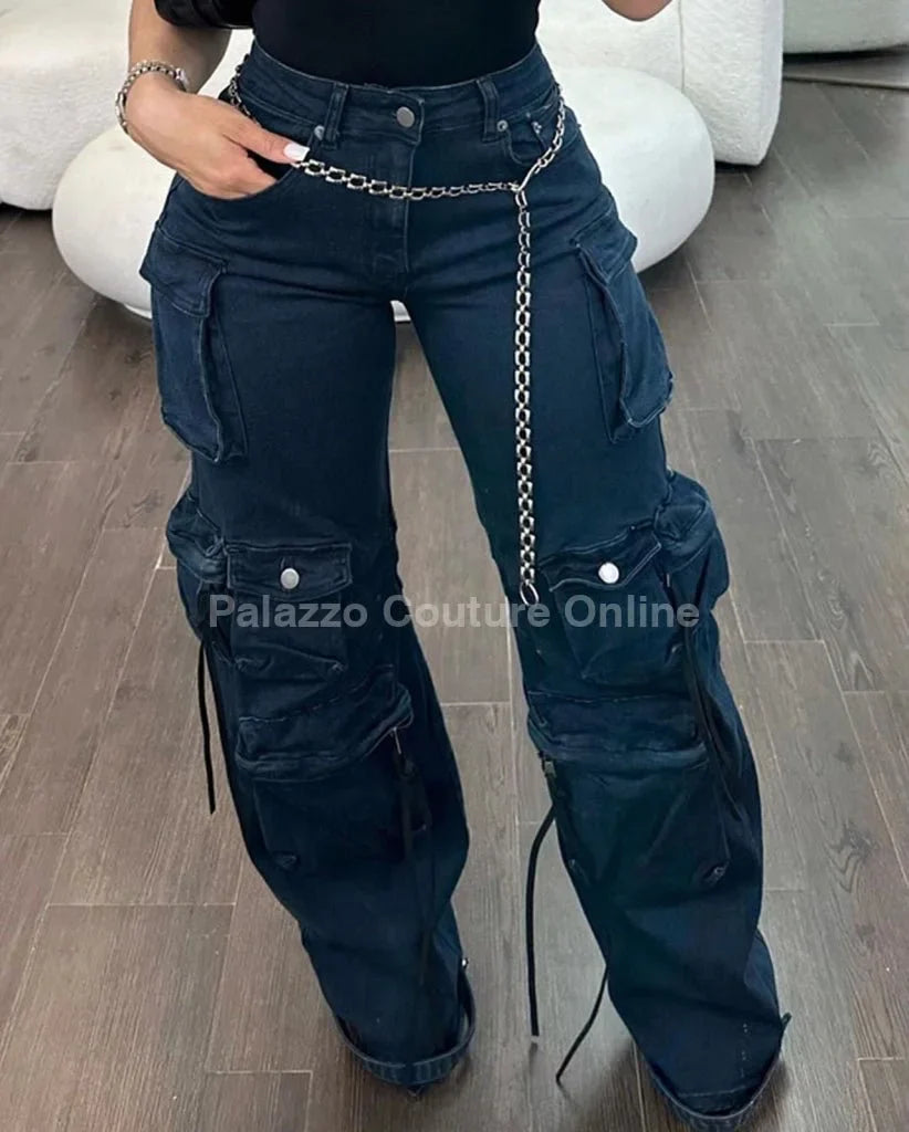 Midnight Cargo Flare Pants - Midnight Blue