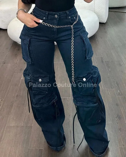 Midnight Cargo Flare Pants - Midnight Blue