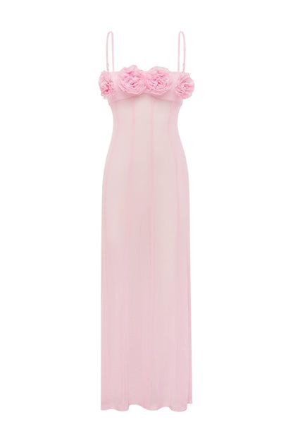DEMI SHEER FLOWER TRIM MAXI DRESS - MUSK