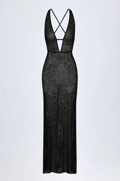 Embellished Backless Maxi Dress in Black
