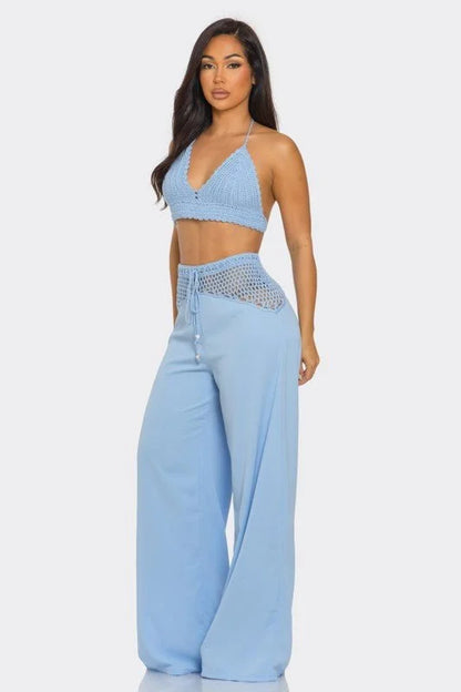 Coastal Breeze Crochet Pant Set-Baby Blue