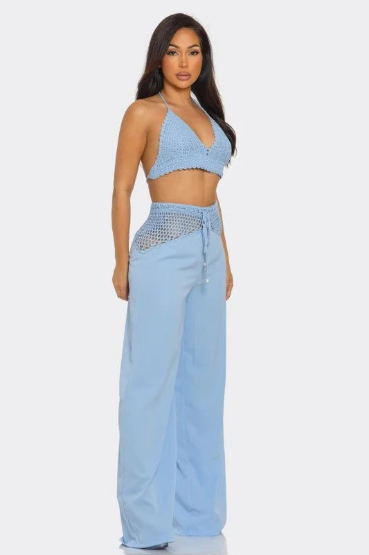 Coastal Breeze Crochet Pant Set-Baby Blue