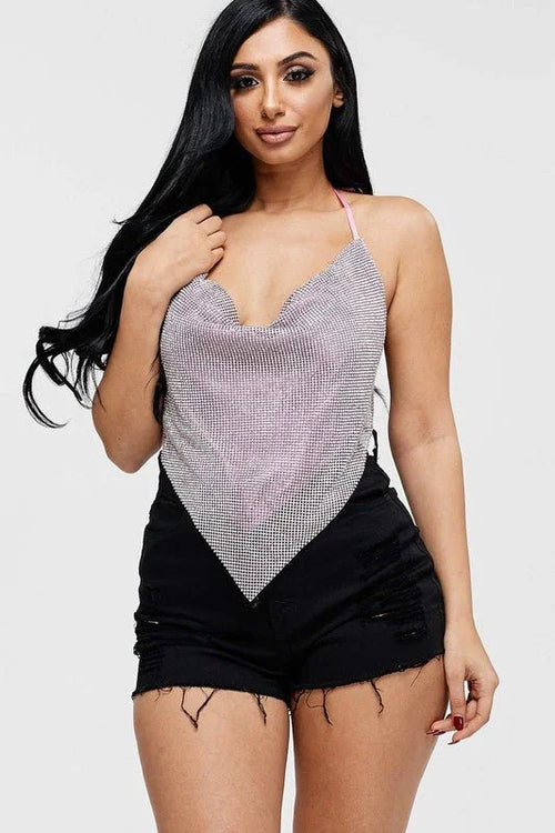 Metallic Rhinestone Backless Cowl Baby Pink Crop Top