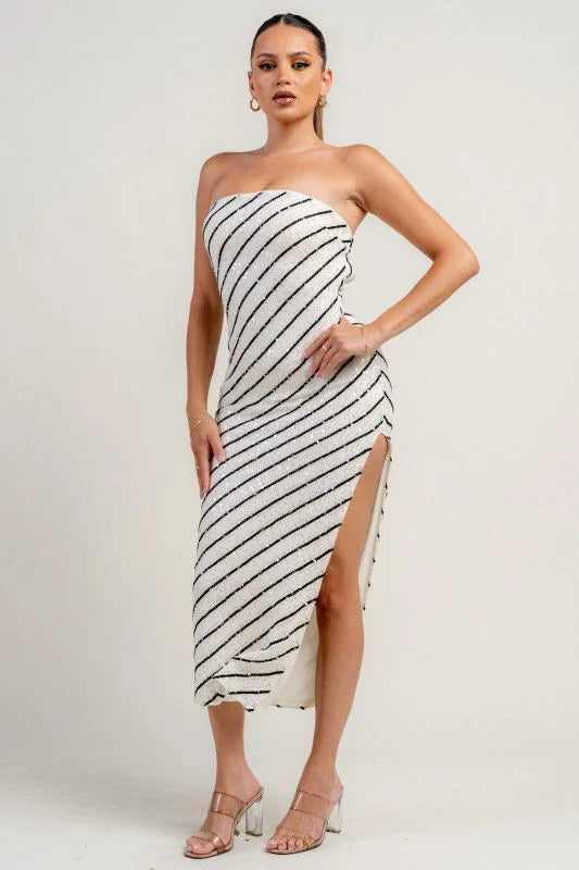 Starlight Sequin Stripe Knit Midi Dress - Cream / Black