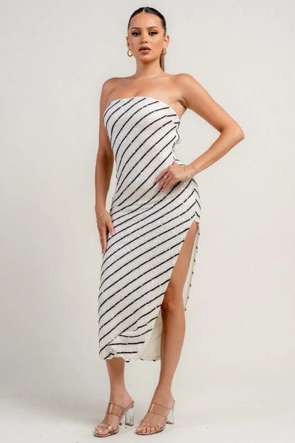 Starlight Sequin Stripe Knit Midi Dress - Cream / Black