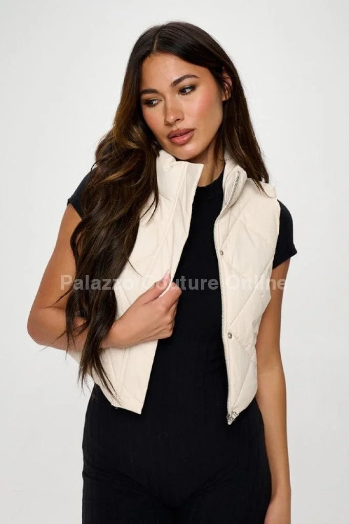 Faux Leather Cropped Puffer Vest – Quilted Vegan Outerwear - Cream