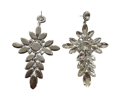 Crystal Flower Drop Earrings-Silver