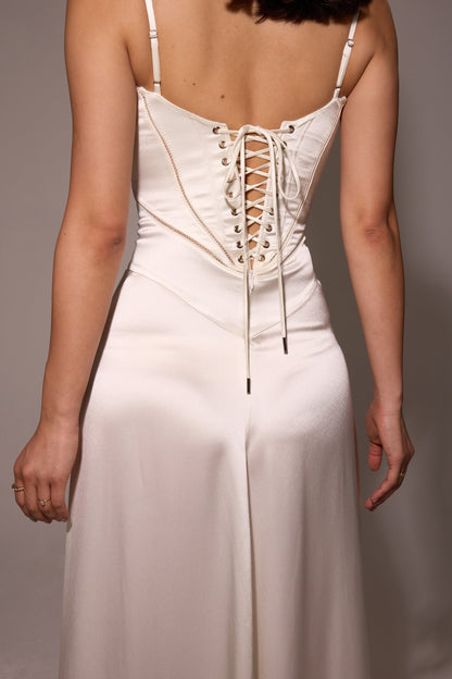 ivory satin lace up maxi dress