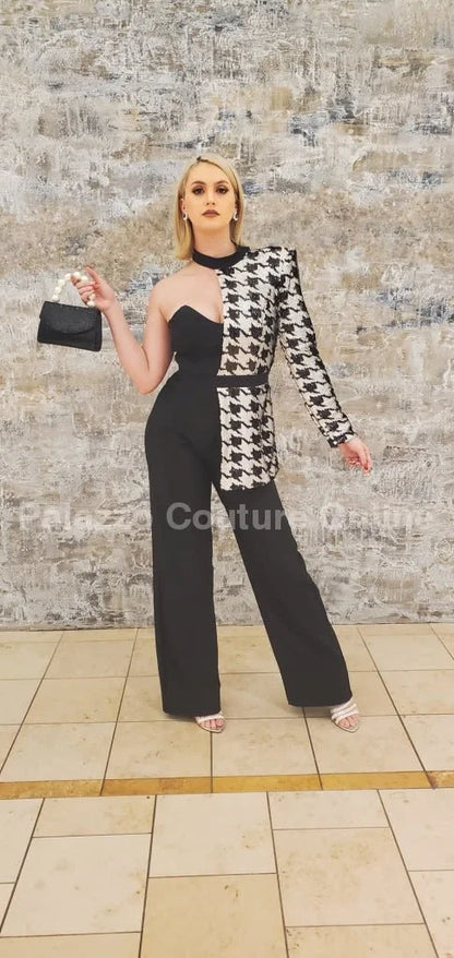 Dale Black & White Houndstooth Sequin Jumpsuit – Single Shoulder