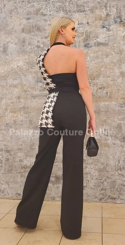 Dale Black & White Houndstooth Sequin Jumpsuit – Single Shoulder
