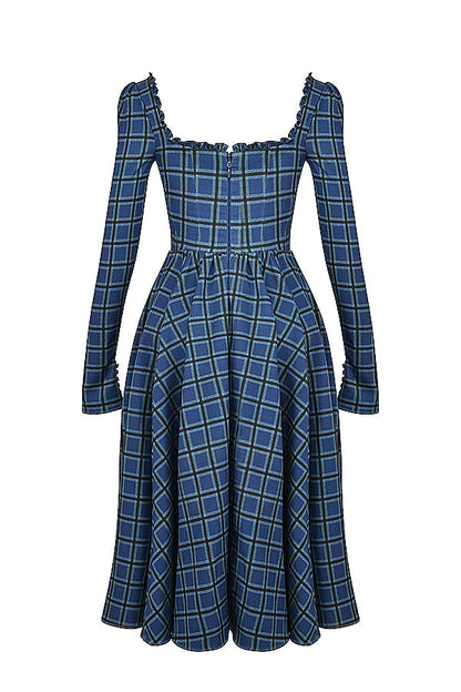 blue tartan midi dress