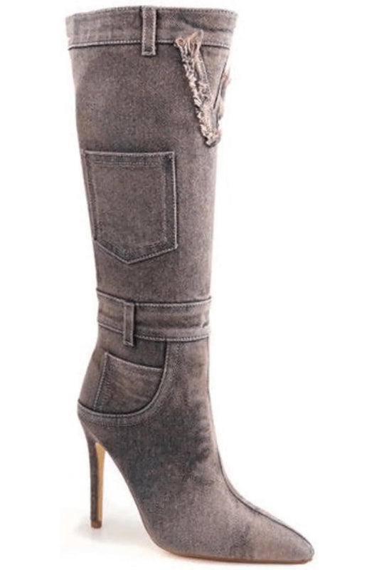 Denim Scandalous Knee-High Heel Boots (Camel)