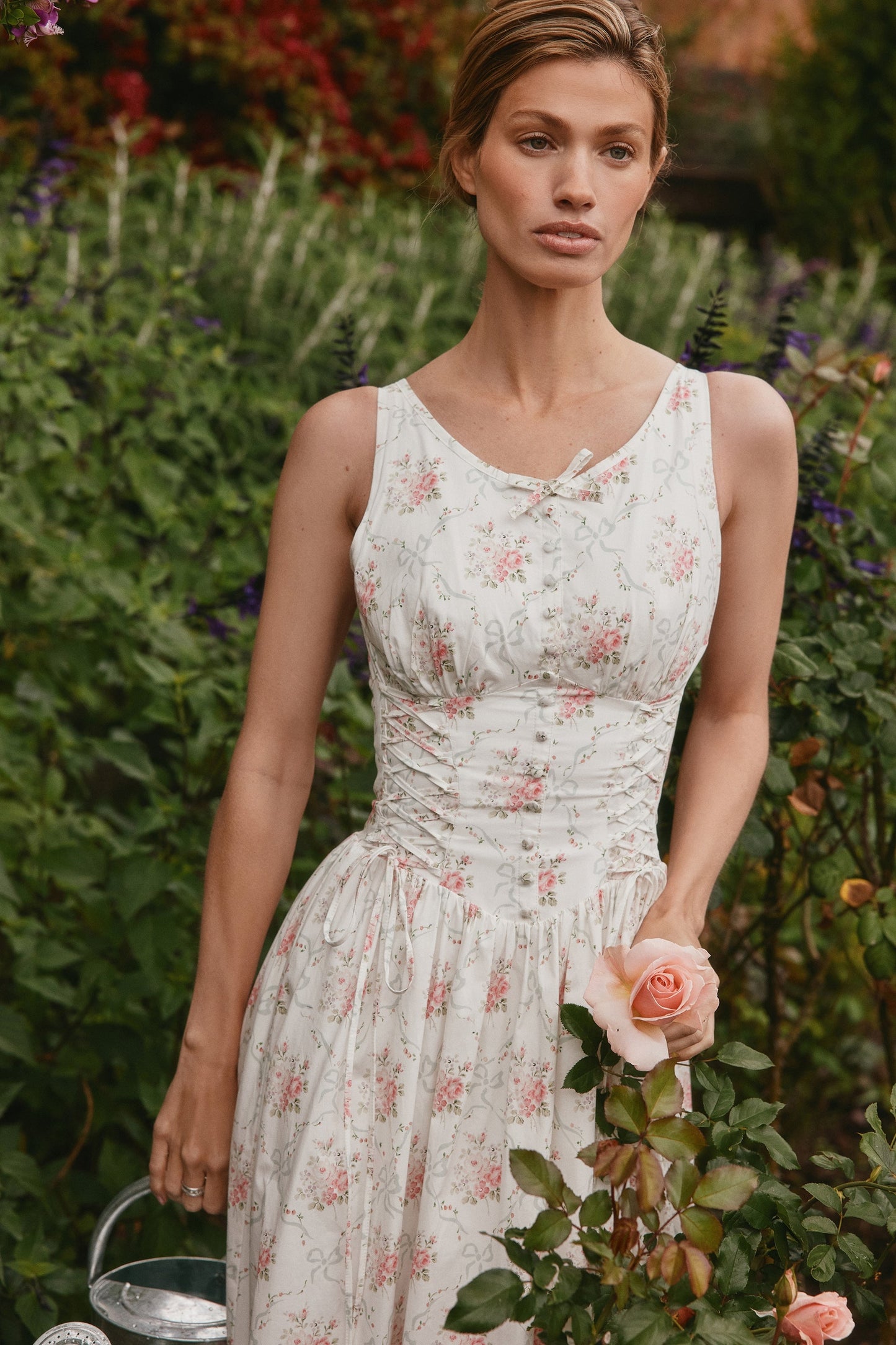 rose print stretch cotton lace up midi dress