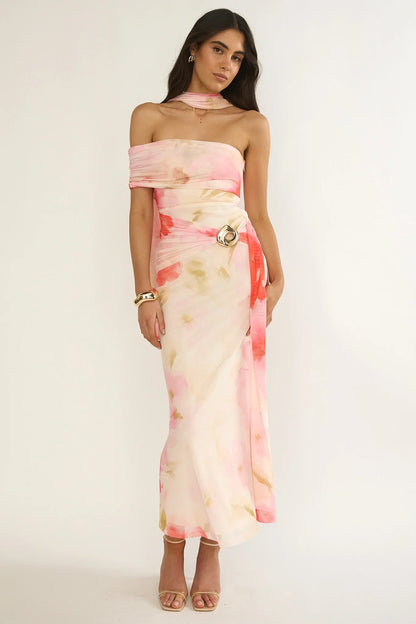 Carrisa One-Sleeve Maxi Dress Floral Pink