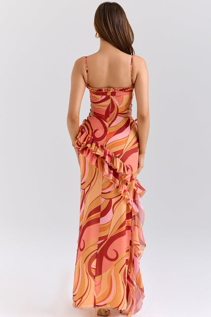 sunset swirl print ruffle cut out maxi dress