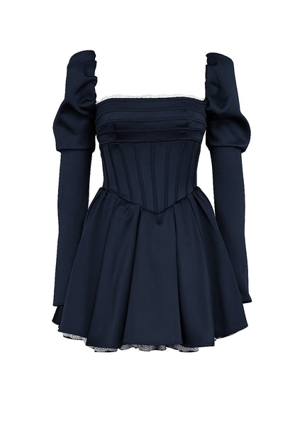 midnight satin puff sleeve mini dress - sale