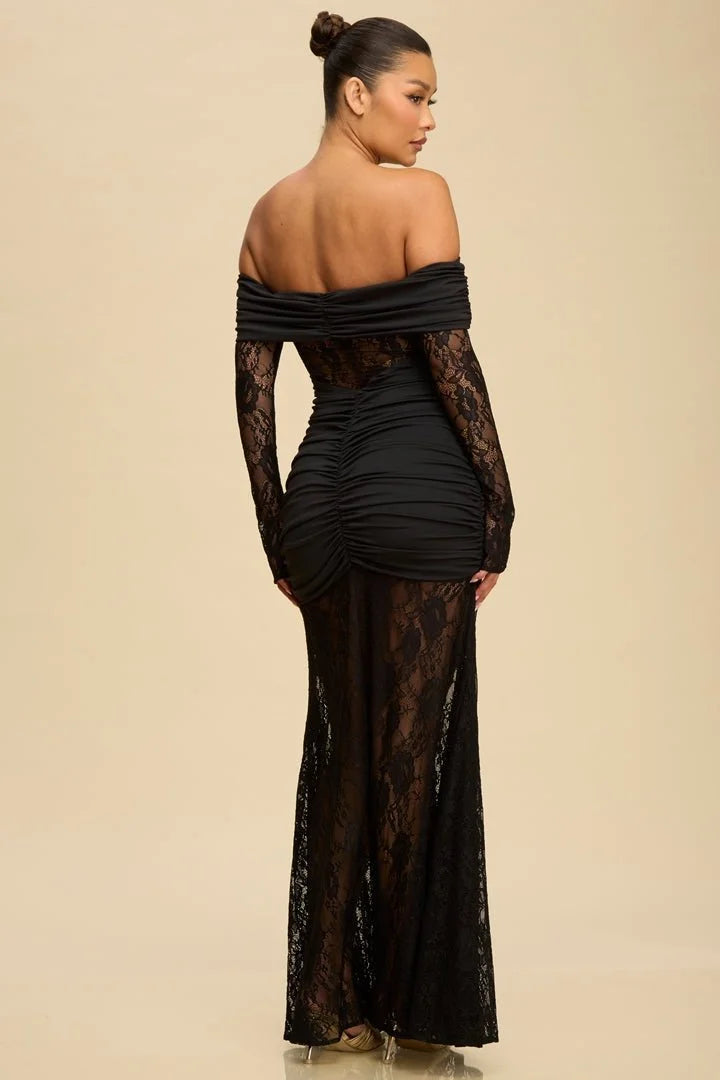 Eternal Lace Contrast Off-Shoulder Maxi Dress- Black