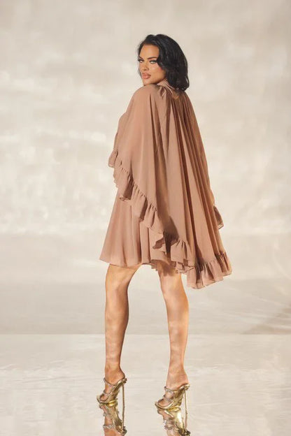 Ethereal Bloom Ruffle Dress - Brown