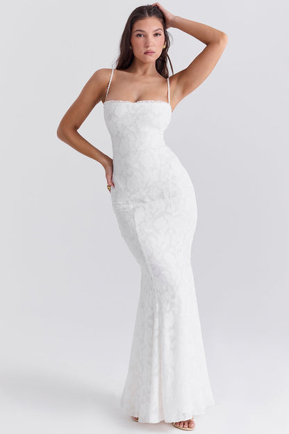 ivory lace up back maxi dress