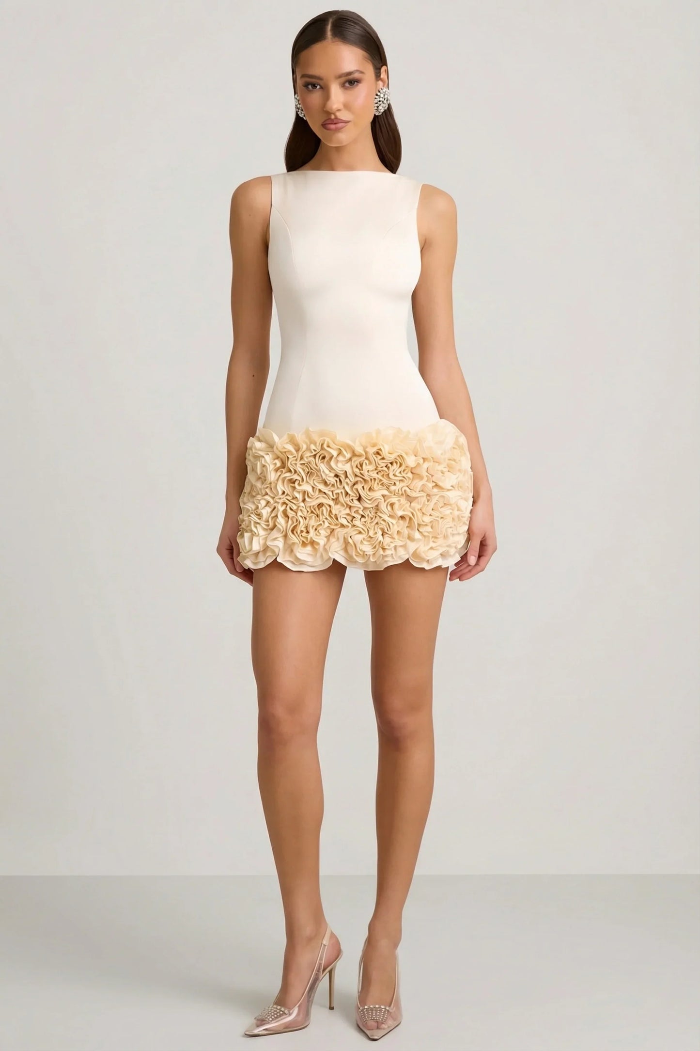 Satin Floral Appliqué Open-Back Mini Dress in Ivory