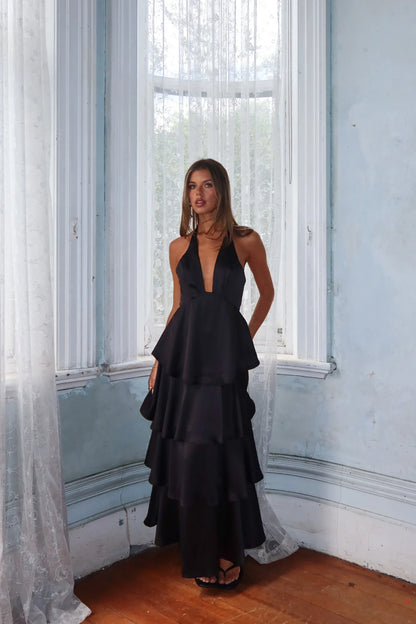 Catalina Tiered Ruffle Rosette Maxi Dress Black
