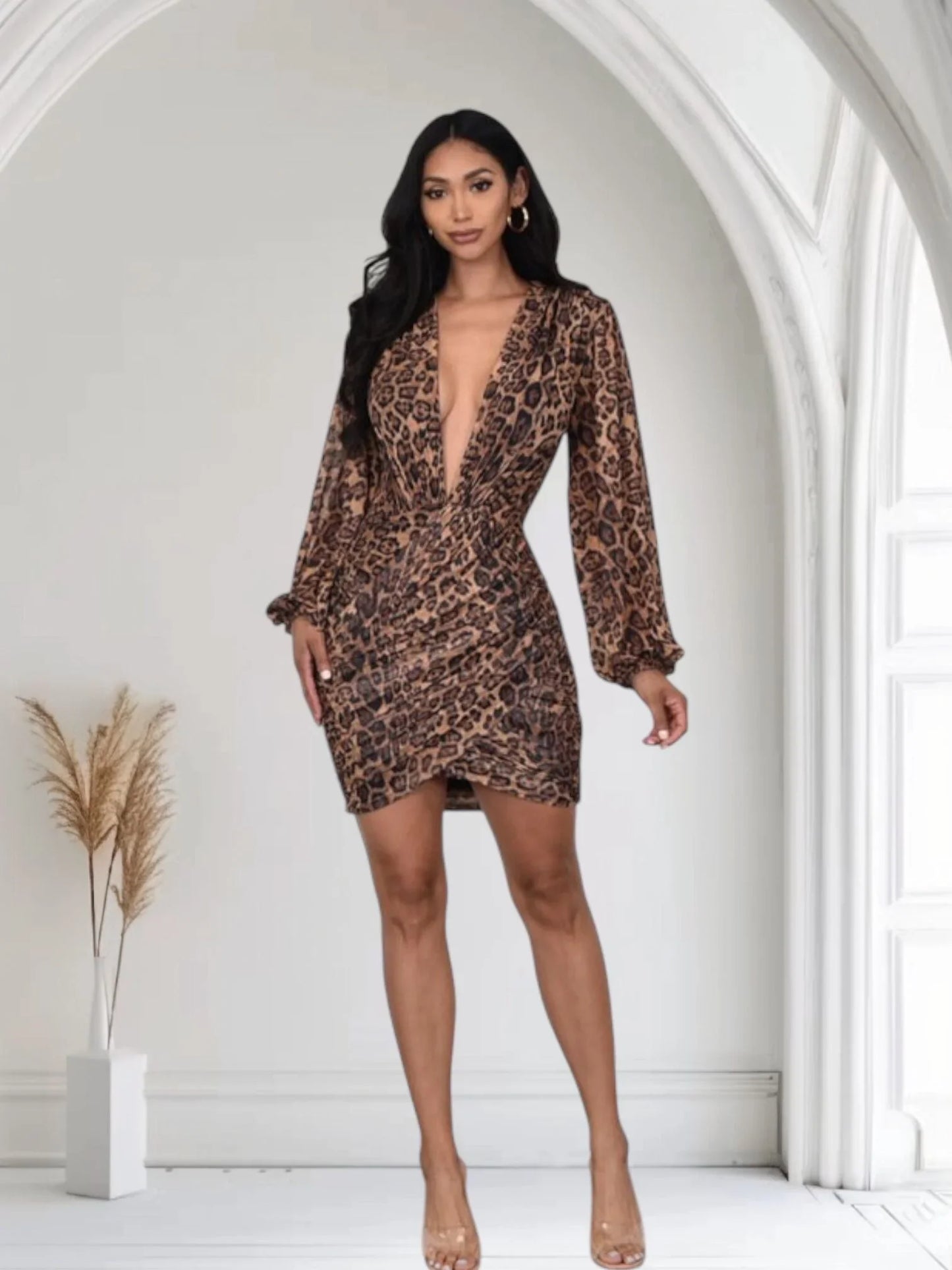 Fierce Allure Mesh Ruched Mini Dress - Brown Multi